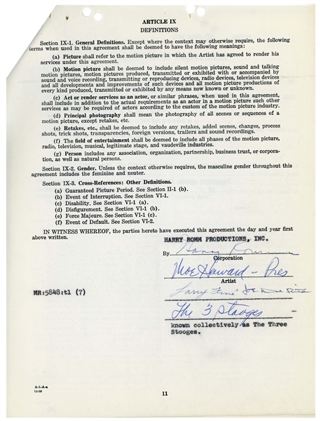 Three Stooges 28pp. Employment Contract for ''The Outer Space Picture'' -- Signed by Moe Howard, Larry Fine & Joe DeRita